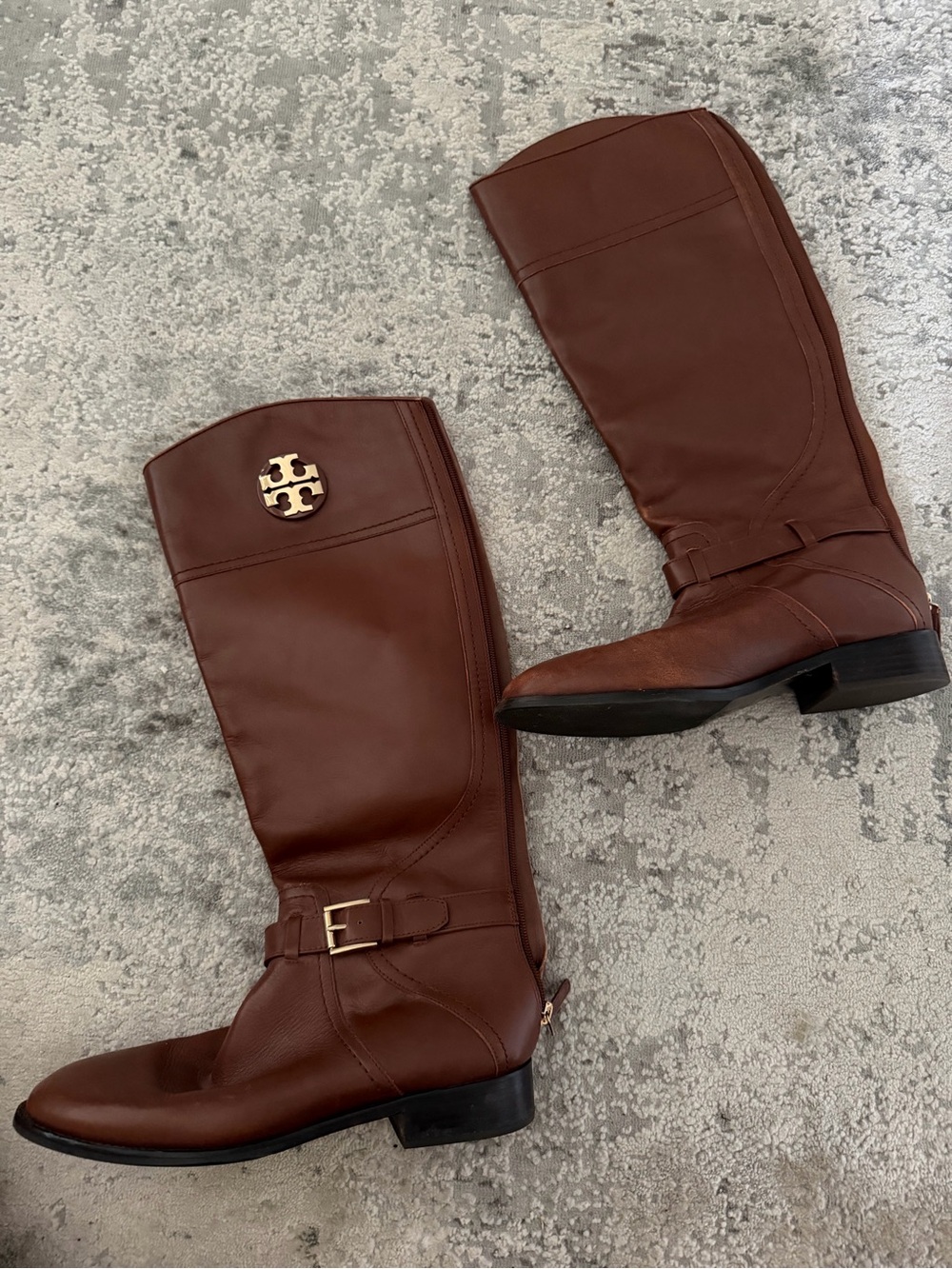 Tory Burch Chestnut Brown Leather Knee Boots with Gold Logo